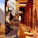 Collage of iconic Egyptian landmarks: the Great Pyramid and Sphinx, a bustling market, ancient temple columns, and a traveler at Abu Simbel with Discovery Tours Egypt.