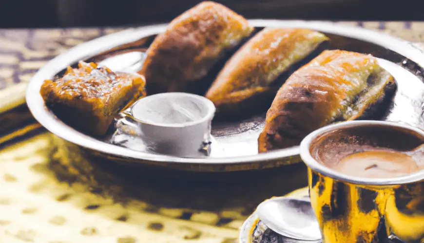 Samosas with chutney on ornate tray.