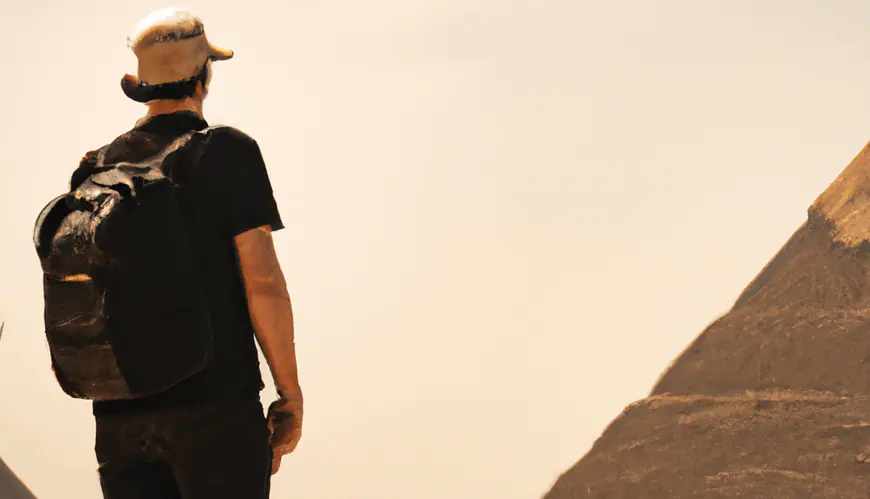Man observing pyramids, travel adventure concept.