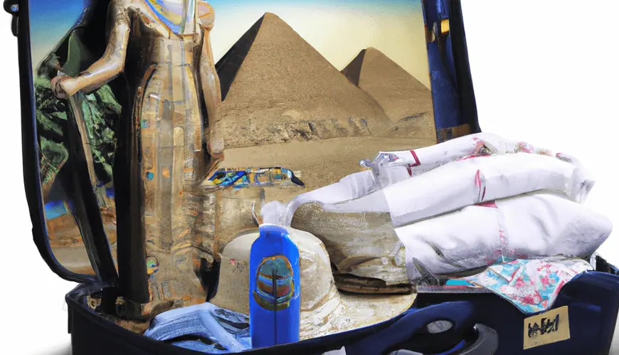Themed suitcase with Egyptian artifacts and pyramid backdrop.